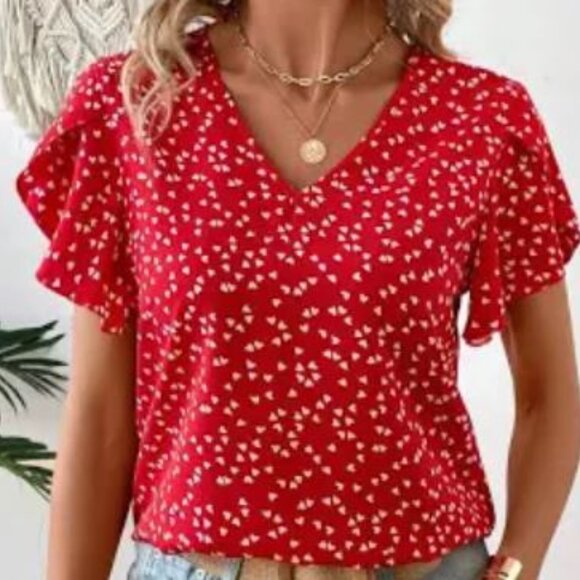 Tops - Heart Print V-Neck Ruffle Sleeve Blouse